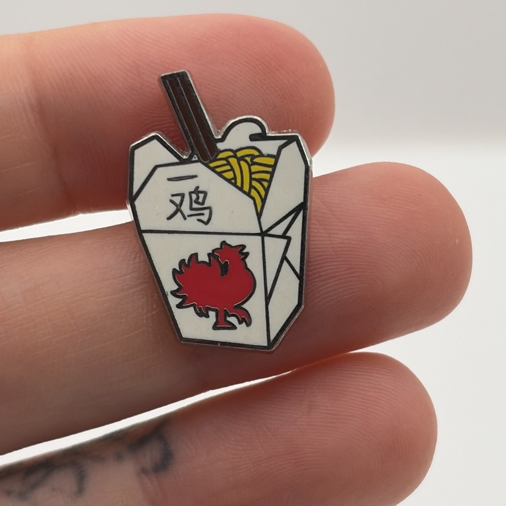 Chinese Take Out Box Lo Mein Noodles Chopsticks Rooster Lapel Hat Pin